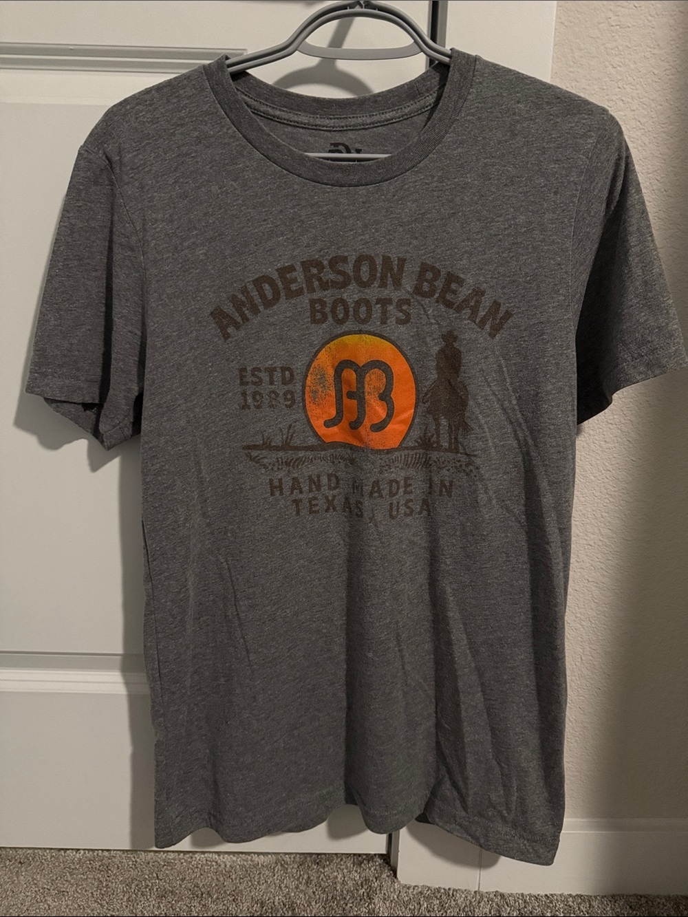 Anderson Bean Men’s Short Sleeve Gray Graphic Tee with Orange Sun Logo